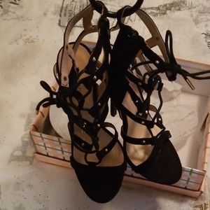 Suede gladiator style heels with gold details